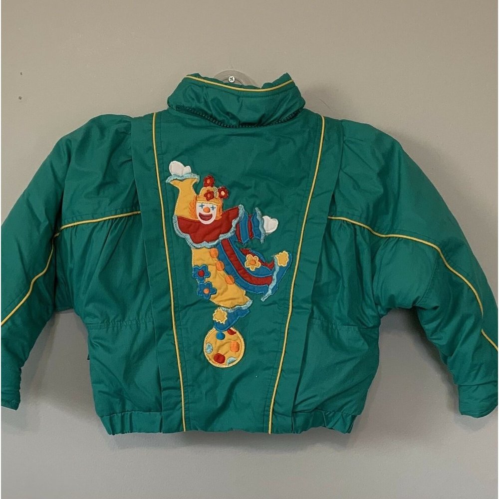 Toddler Winter Down Filled Hooded Jacket Green Clown Detail Size 2T  - Picture 4 of 6